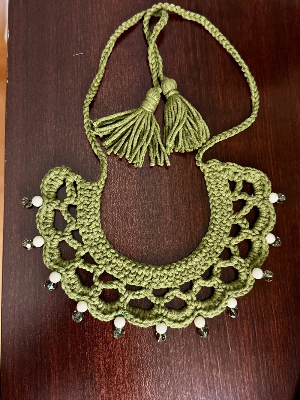 Handmade Green Crochet Statement Necklace with Tassel Tie